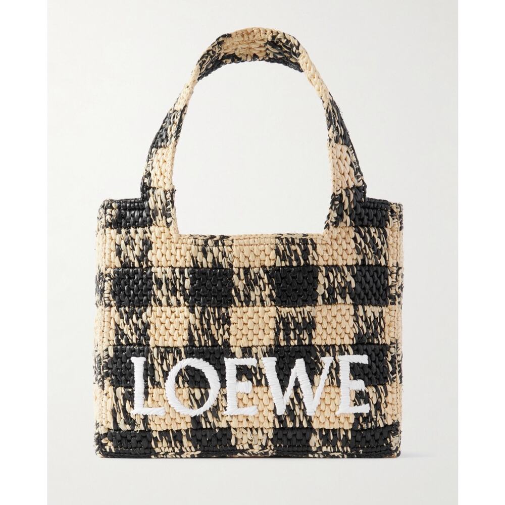 Loewe Paula’s Ibiza Mini Raffia Tote Bag Leather Trim Embroidered Gingham NWT